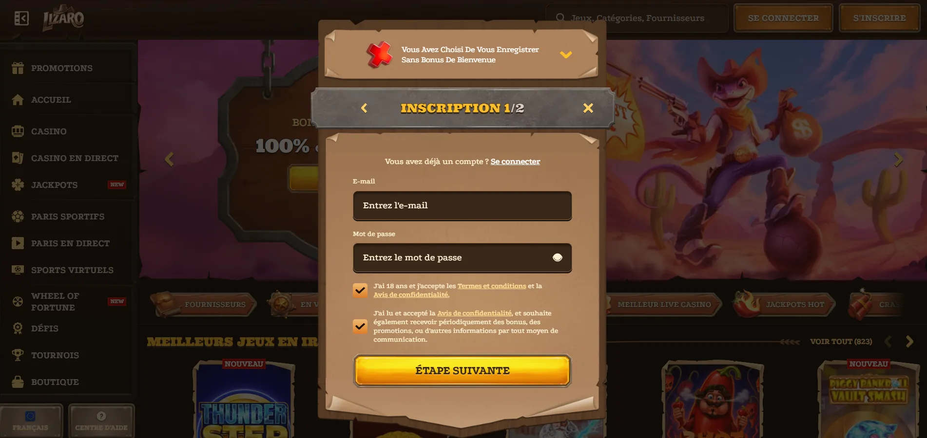 Les étapes du formulaire d'inscription — Lizaro casino login
