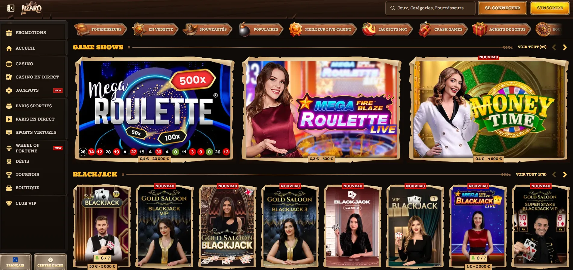 Lizaro : catalogue de jeux et fournisseurs — Lizaro casino